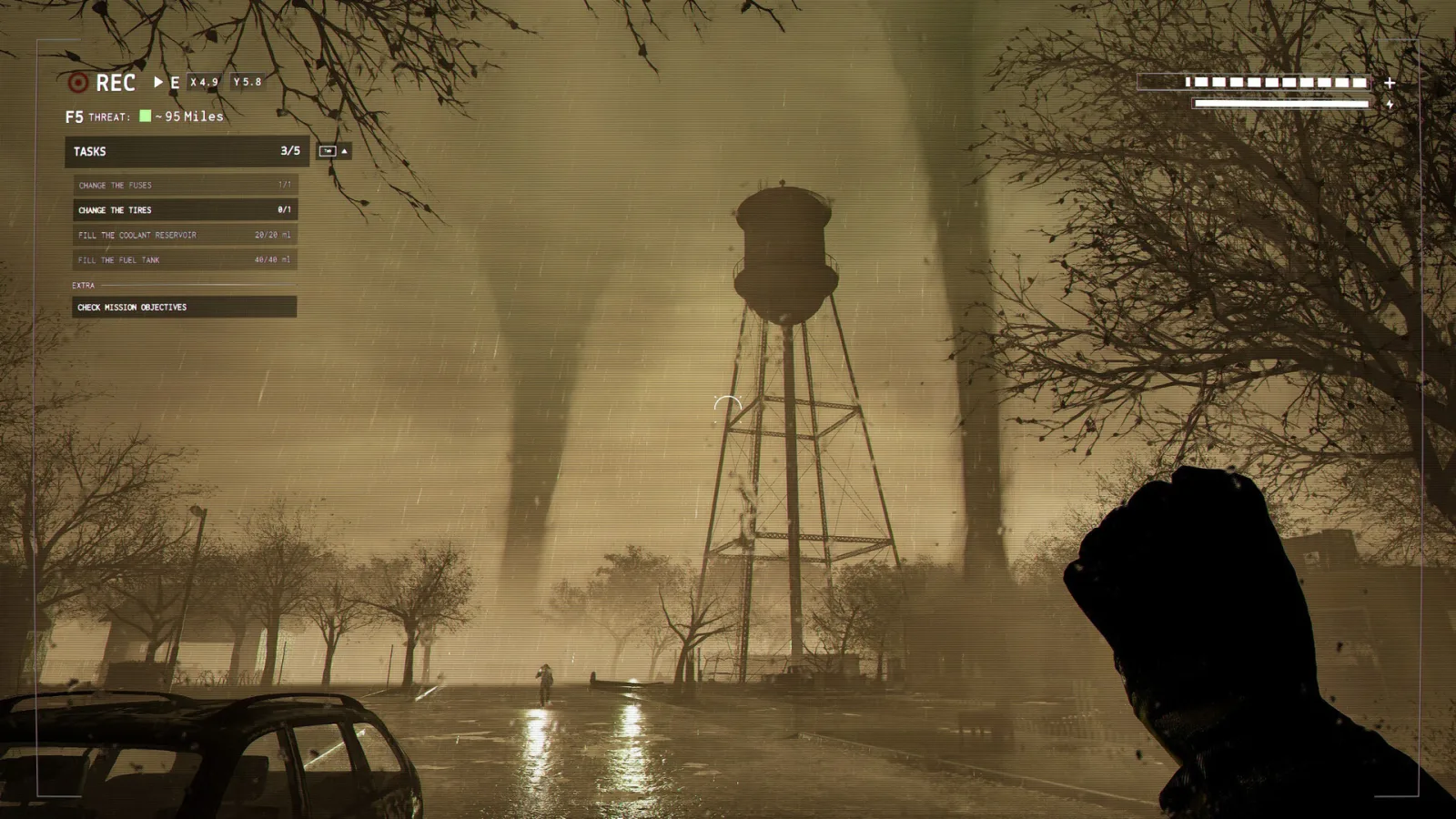 A Funnel Runners player holds a device outside a suburban garage while a tornado forms under a dark sky.